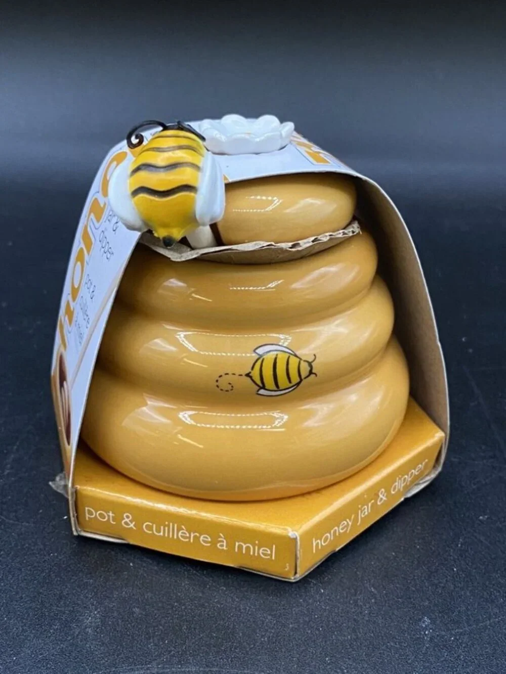 Mini Honey Pot Ceramic Jar & Wood Dipper Joie MSC Beehive with Bee 2002 BPA free